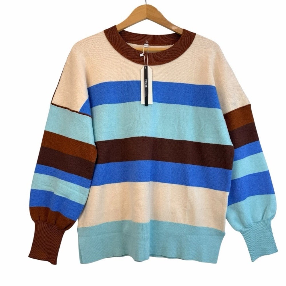 Saukole Sweater Women Large Blue Brown‎ Cream Striped Colorblock Knit Crewneck